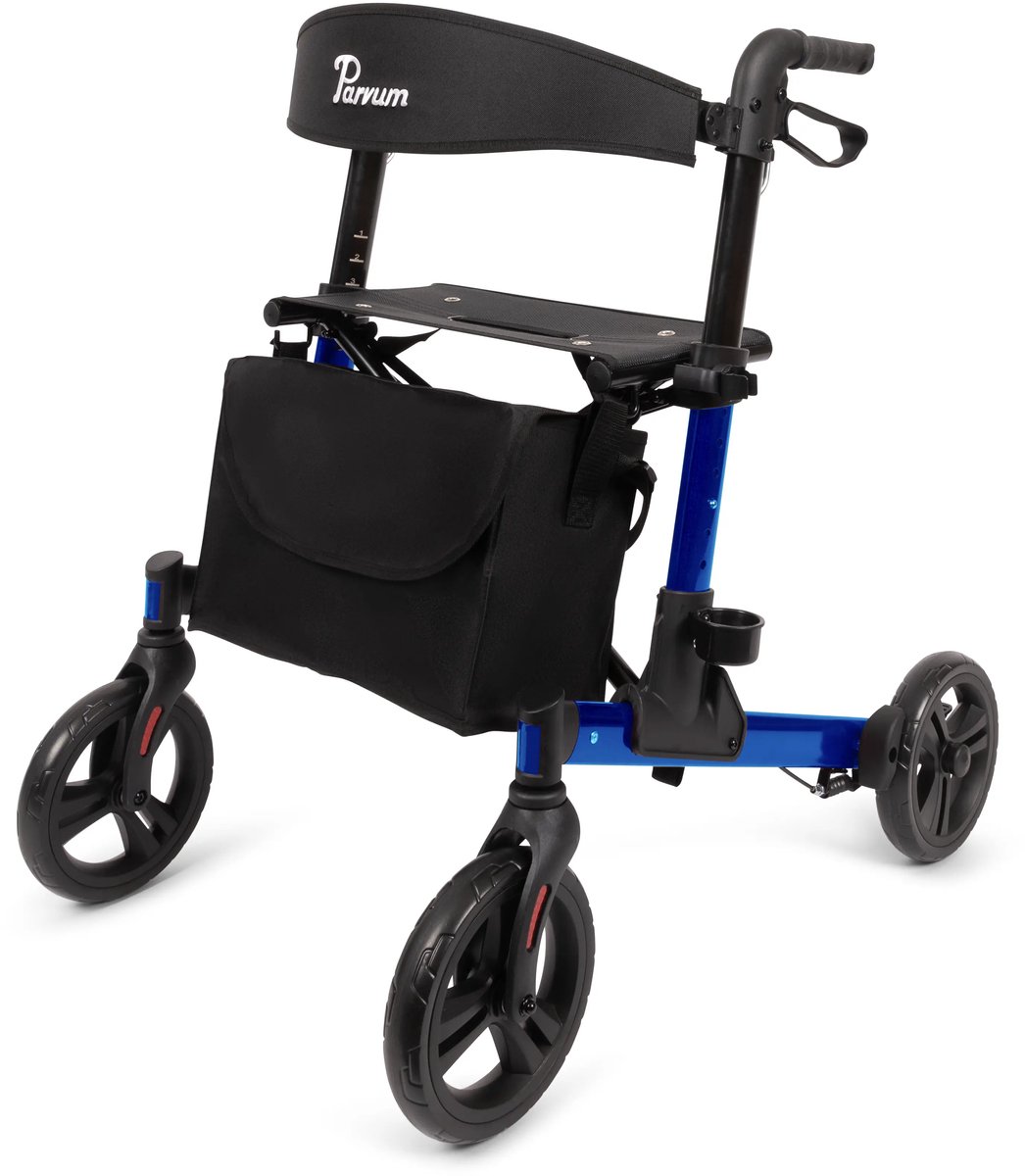 Goedkoopste Parvum Riva - Makkelijk dubbel opvouwbaar (zie filmpje) - Remkabels weggewerkt - Semi-soft banden - Lichtgewicht en opvouwbaar (6,6 kg) - Rollator inclusief tas, stokhouder en rugband - Blauw