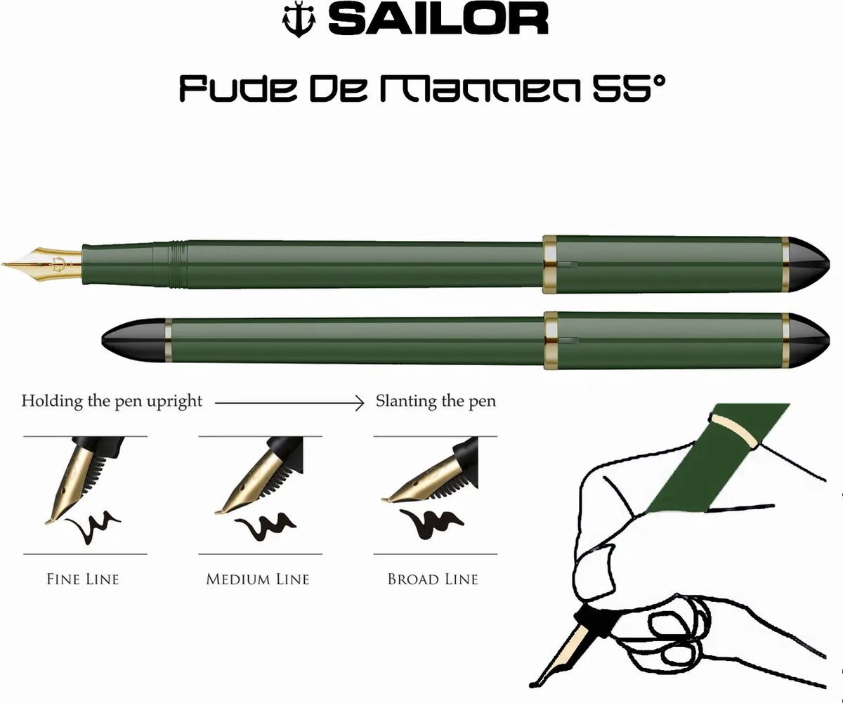 Sailor Fude-De-Mannen Script Kalligrafie Pen "Wakatake" Bamboe Groen, Nib Angle 55 °C Degrees + 10 Ink Cartridges