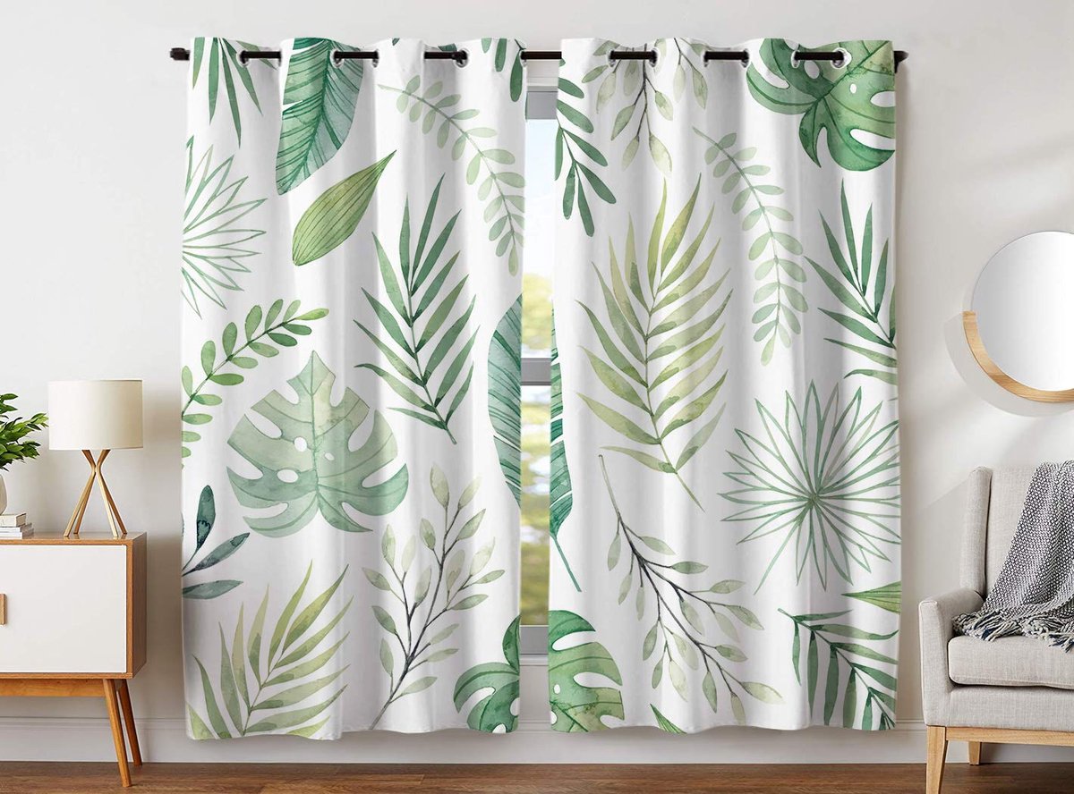 My Ninki ® Verduisterende Gordijnen met Groene Palmbladprint voor Slaapkamer en Woonkamer, Set van 2 Stuks, 245 x 140 cm