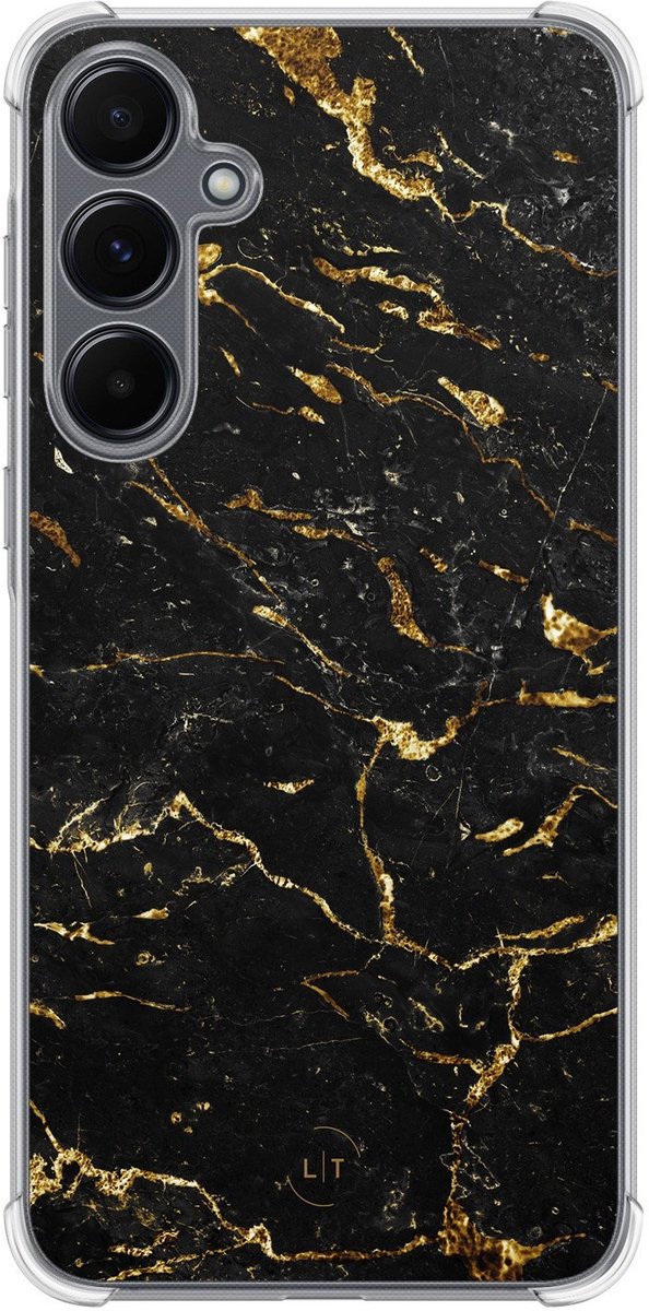 Shockproof hoesje - Geschikt voor Samsung Galaxy A15 - Marmer zwart goud - Extra sterke case - TPU/polycarbonaat - Marmer - Zwart, Goud, Transparant