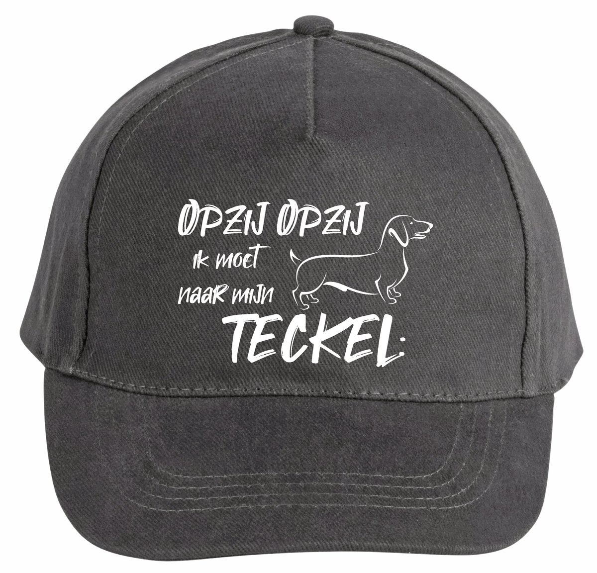 Mijncadeautje - 5 panel - Cap - Verstelbaar - Pet van 100% dik geborsteld katoen- unisex - opdruk wit - opzij opzij naar mijn teckel - chique grijs