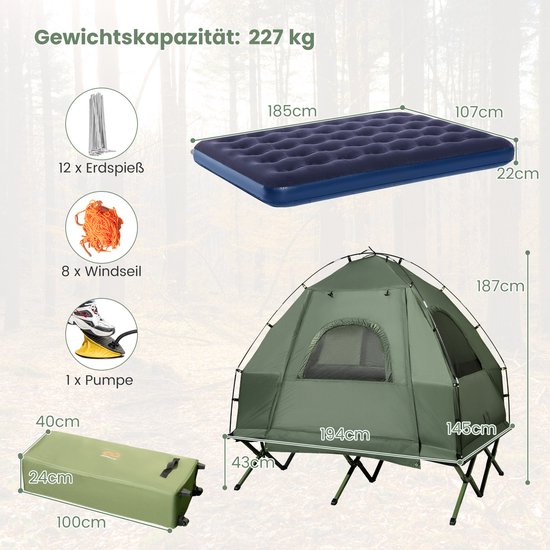 COSTWAY Veldbed met tent voor 2 personen, campingbed met voortent, luchtmatras, slaapzak en 2 kussens, campingligstoel met draagtas op wielen, 194 x 145 x 187 cm van Costway — afbeelding 5