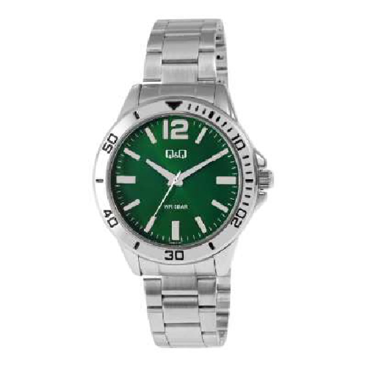 QQ-model q28b-011py-Herenhorloge- 5 atm waterdicht -groene wijzerplaat-diameter 45 mm-zilverkleurig