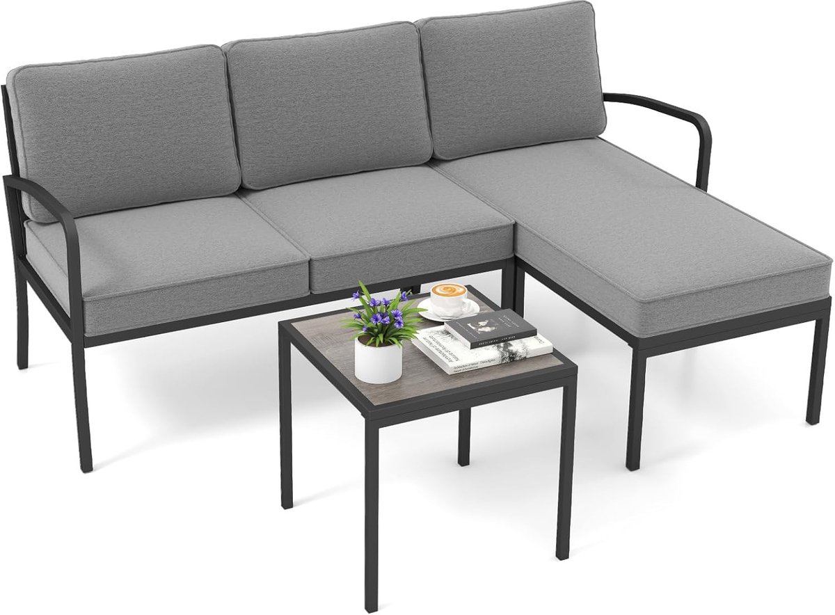 COSTWAY Tuinlounge 3-delig, tuinmeubelset, outdoor lounge met tafel en kussens, terrasmeubels, zitgroep voor tuin, terras, balkon