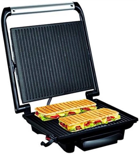 VERTES Contactgrill, vlakke gietijzeren grillplaat, 1800 W horeca multigrill voor platbrood, vlees, groenten, sandwiches, roestvrijstalen behuizing, instelbaar 0-300°C, teflon gecoat, panini grill