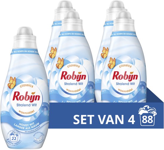 Robijn Klein & Krachtig Classics Vloeibaar Wasmiddel - Stralend Wit - met natuurlijk witserum - 4 x 22 wasbeurten - Voordeelverpakking