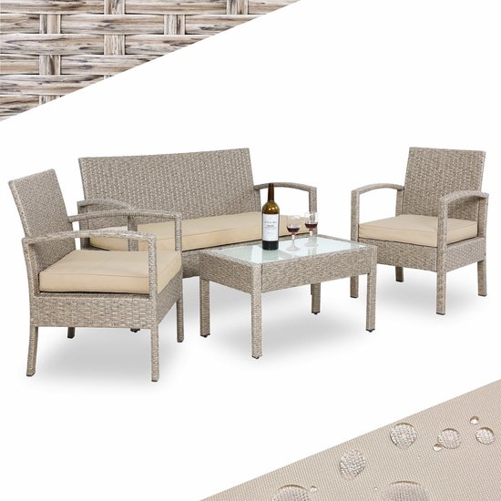 Casaria Polyrattan Tuinset - 4 Personen Incl. Kussens Bank - Creme