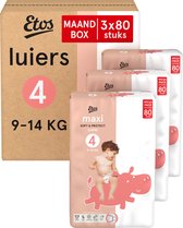 Etos Maxi luiers maat 4 (9-14 kg) in een Maandbox van 3x80 stuks. De voorste verpakking toont een baby op een roze nijlpaard.
