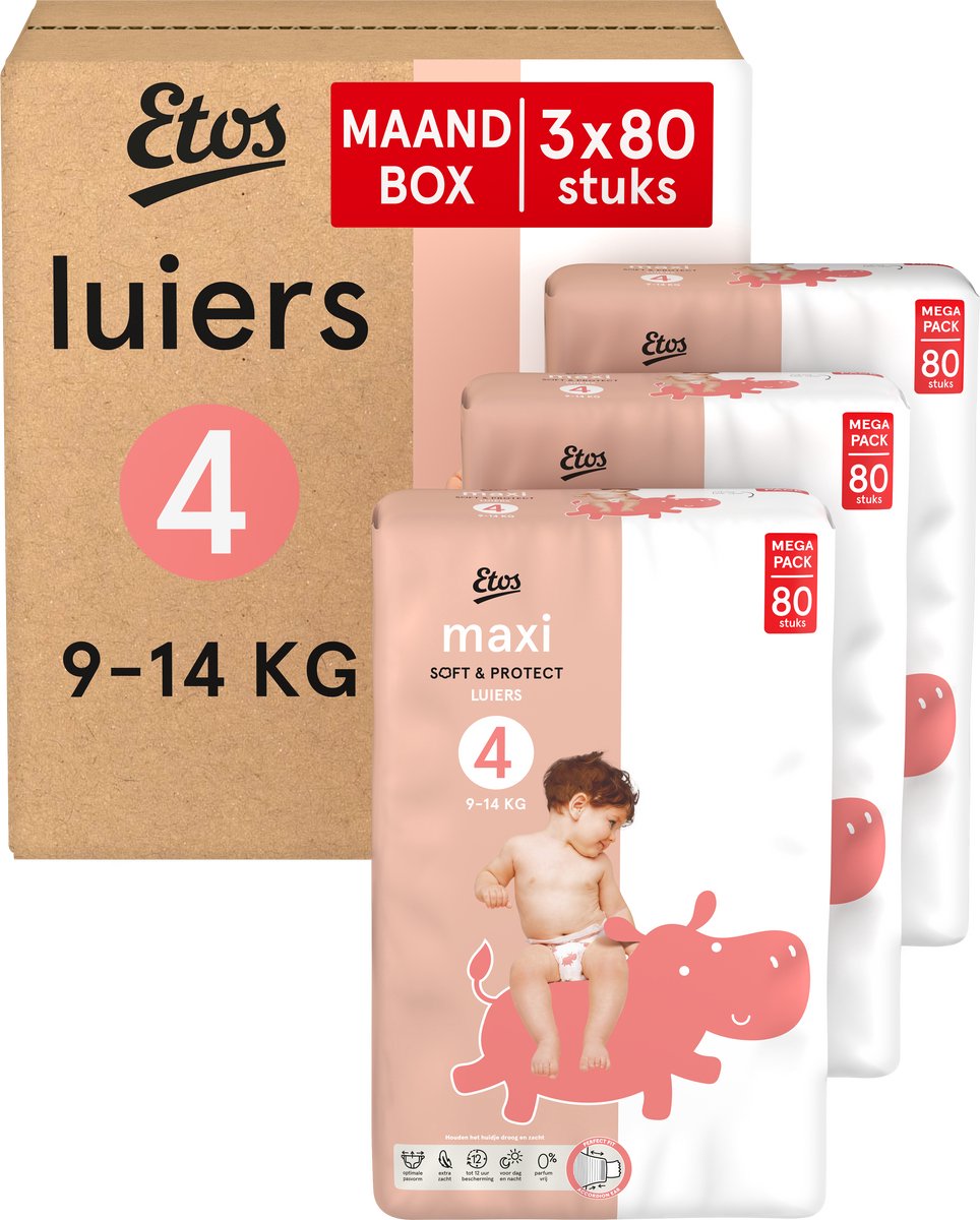 Etos Luiers - Maxi - Maat 4 - 9-14 kg - Maandbox - 240 stuks