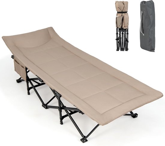 COSTWAY Veldbed met comfortabele katoenen vulling, geïntegreerd kussen en matras, inklapbaar campingbed tot 200 kg belastbaar, klapbed met zijzak, campingbed met draagtas, logeerbed