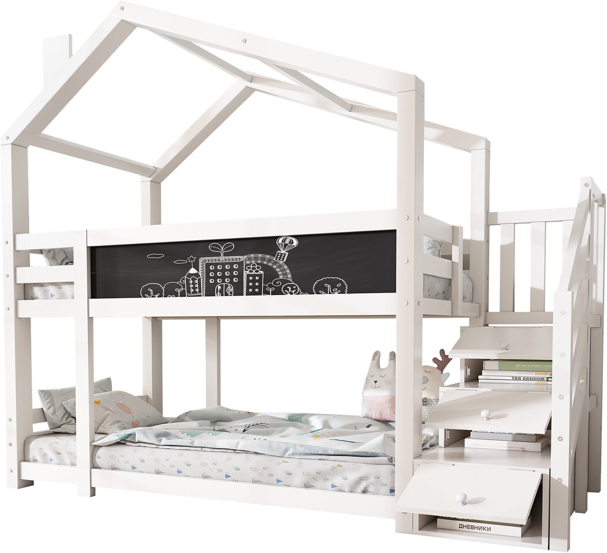 Merax Kinderbed Boomhut 90x200 cm, Etagebed voor Kinderen met Schoorsteen & Opbergruimte en Valbeveiliging, Wit, inclusief Bord-2x Lattenbodem (Zonder Matras)