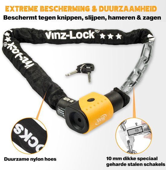 Zwarte kettingslot van Vinz-Lock met oranje details, 10mm dikke stalen schakels, duurzame nylon hoes en een sleutel.