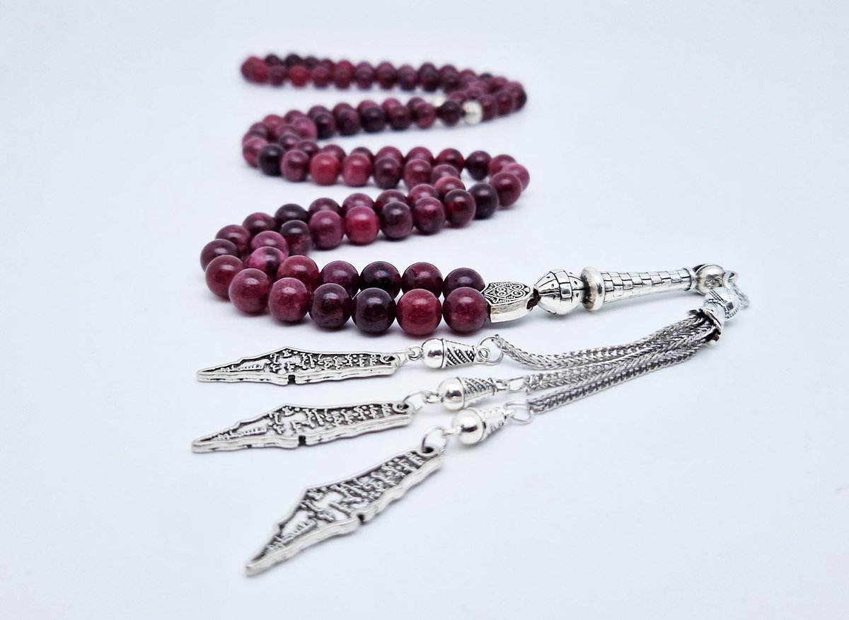 Handgemaakte tesbih "Tasbih" natuursteen "Lepidolite" - Aantal kralen 99 - Diameter kralen 8MM - met metaal tassel "Palestina" - Een mooi cadeau-idee