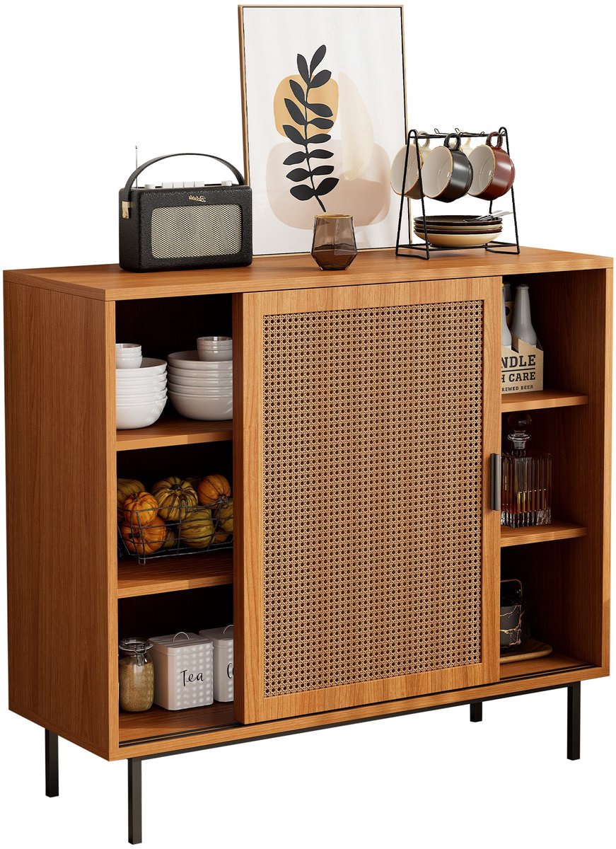 Merax Dressoir met 2 Schuifdeuren – Walnoot Bruin – 100x90x37 cm – Opbergkast met Verstelbare Legplank – Landelijke Stijl