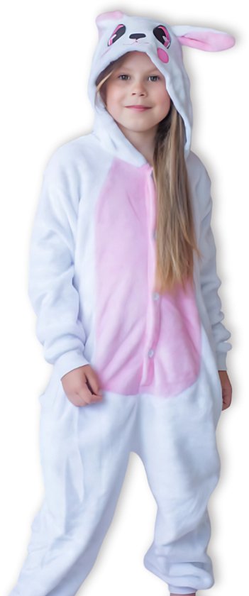 BoefieBoef Kinder Onesie Konijn – Warme Dieren Pyjama 5-9 Jaar – Fluffy Verkleedpak & Fleece Huispak – Jongens & Meisjes – Zwemles Pyjama – Carnaval, Halloween & Sinterklaas Cadeau – Jumpsuit met Capuchon – 115-130 cm - Roze Wit Rabbit