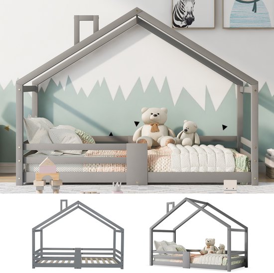 Kinderbed Huisbed met Schoorsteen, Valbeveiliging, Robuuste Lattenbodems, Grenen Houten Huisbed voor Kinderen, 90x200 cm Zonder Matras, Grijs