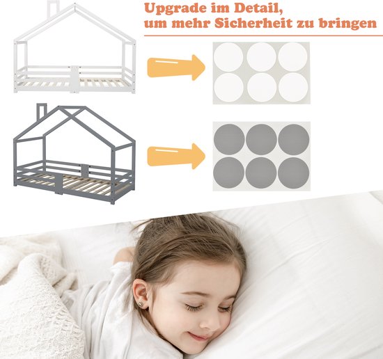 Kinderbed Huisbed met Schoorsteen, Valbeveiliging, Robuuste Lattenbodems, Grenen Houten Huisbed voor Kinderen, 90x200 cm Zonder Matras, Grijs