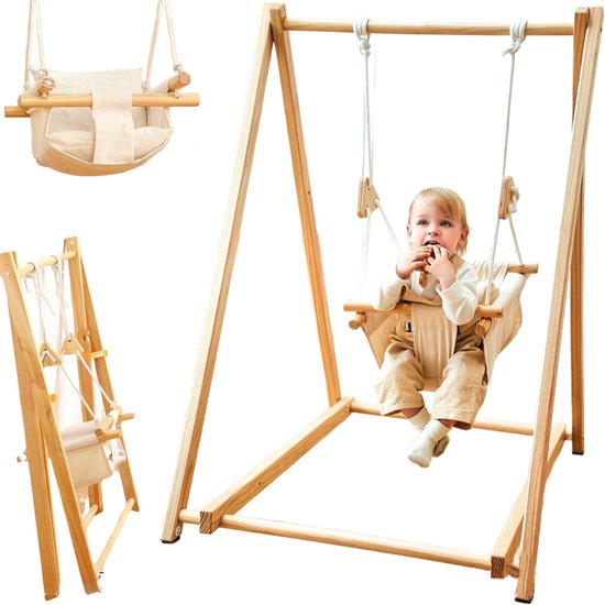 Houten Babyschommel - Met Schommelstoel - Inklapbaar - Baby Swing - Baby - Wipstoel Baby - Baby Zitje - Dennenhout - Houten Speelgoed
