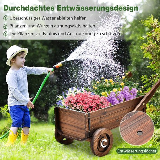 COSTWAY Plantenwagen van hout, plantenwagen met wielen en handgreep