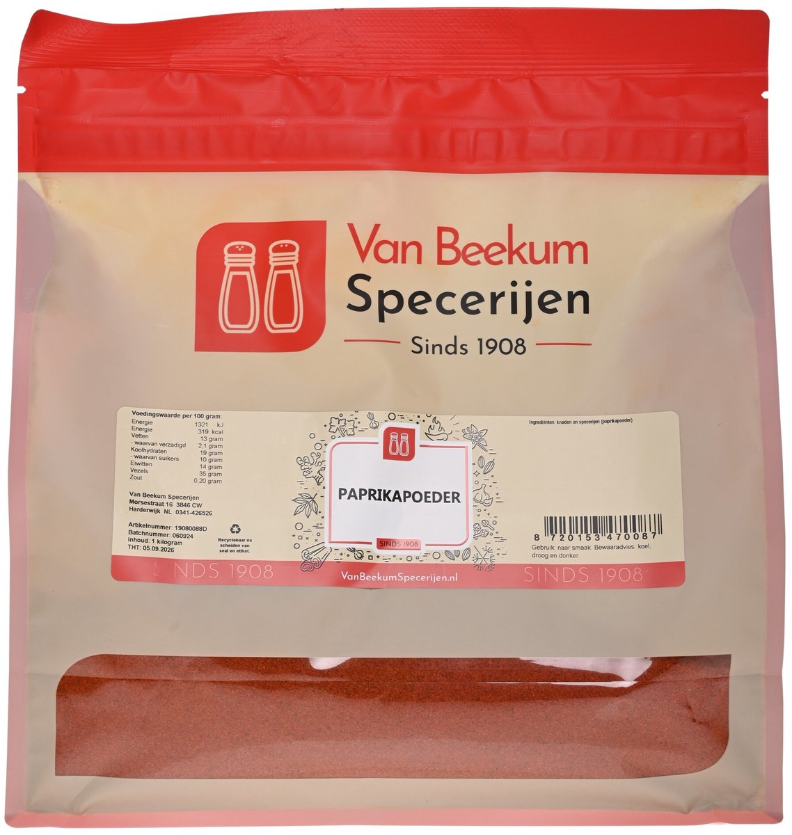 Goedkoopste Van Beekum Specerijen - Paprikapoeder - 1 KG (hersluitbare stazak