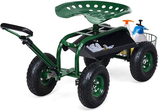 COSTWAY Tuinwagen Met Rolzitting - Verstelbare Tuinstoel Met Mand, Plank & Gereedschapstas - Tot 135 Kg
