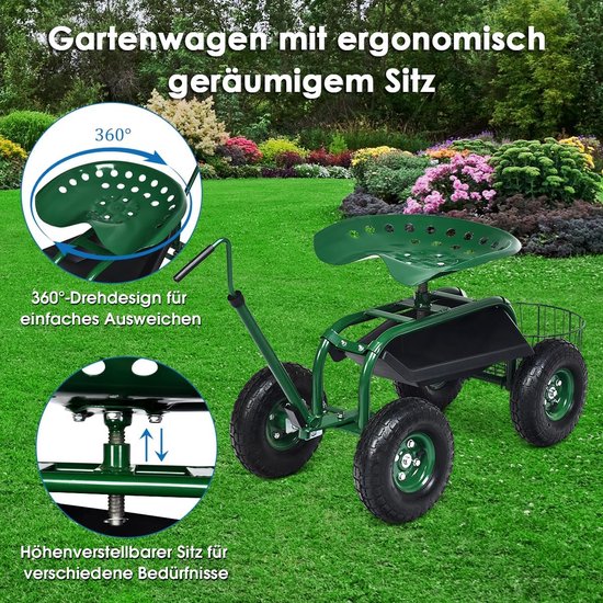 COSTWAY Rolzitje met wieltjes, tuinwagen met uittrekbare handgreep en mand, 360 graden draaibaar, in hoogte verstelbaar, tot 150 kg, verrijdbare tuinstoel, tuinrolstoel voor tuinieren, groen, van Costway — afbeelding 2