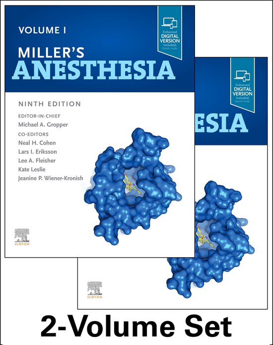 Miller's Anesthesia, neuvième édition, coffret 2 volumes, avec des illustrations de structures moléculaires bleues.