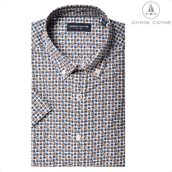 Chemise Chris Cayne manches courtes - couleur blanc cassé/camel/bleu - imprimé - taille 5XL - avec poche poitrine - impression numérique - 1075 - Katoen - col boutonné - grandes tailles - 1075