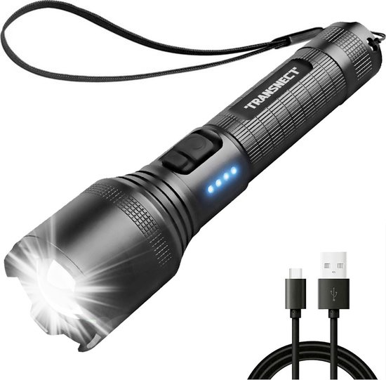 TRANSNECT® Militaire Zaklamp LED Oplaadbaar - Zaklampen - 2000 Lumen - Inclusief 18650 Batterij en Kabel - USB oplaadbaar - Waterdicht - voor Camping, Fishing, Emergency