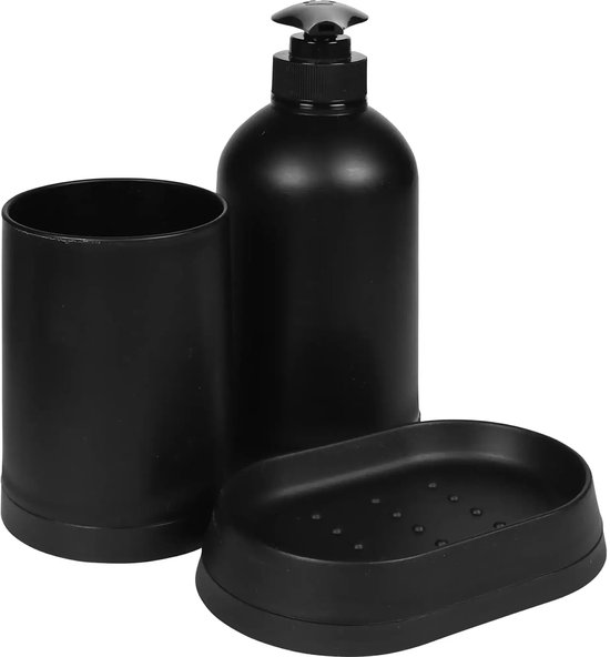 Navaris badkamer accessoires set 3-delig - Met tandenborstelhouder zeepdispenser en zeepbakje - Voor tandenborstel en handzeep - Modern design - Zwart
