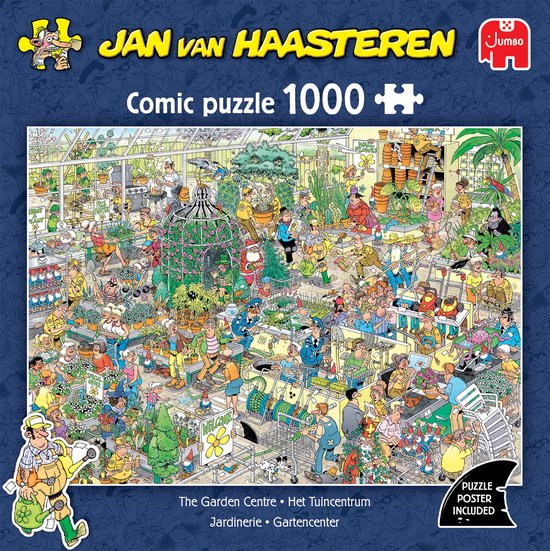 Doos van een 1000-delige Jan van Haasteren puzzel 'Het Tuincentrum'. De afbeelding toont een drukke serre met kerstversiering. Poster inbegrepen.