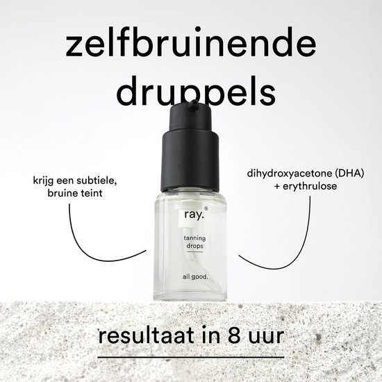 Flesje zelfbruinende druppels van Ray met tekst over DHA en resultaat in 8 uur.