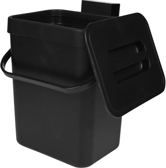 Zwarte Benson afvalbak met deksel dat openstaat, handvat en ophangmechanisme.