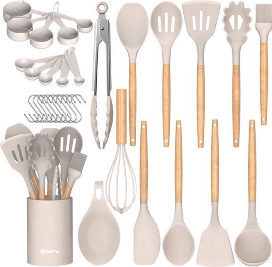 BOTC Keukengerei set 33 Delig - Keukengerei Houder - Hout handvatten - Silicone kop - Kookgerei met lepel houder - keukenaccessoires
