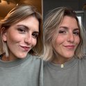 Twee foto's van een vrouw met kort blond haar, die glimlacht. Rechts heeft ze een gebruinde teint.