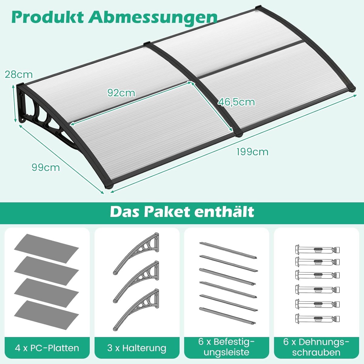 Ansobea Front Door Awning 100 x 200 cm, Aluminium and Polycarbonate Canopy, Transparent Curved Canopy, Lectern Canopy, Protects Against Rain, Snow and UV Rays