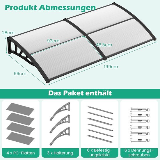 COSTWAY Luifel voor voordeur, overkapping van aluminium en polycarbonaat, transparante boogluifel, deurluifel, afdak voor huisdeur, deurluifel voor entree, 122 x 99 cm