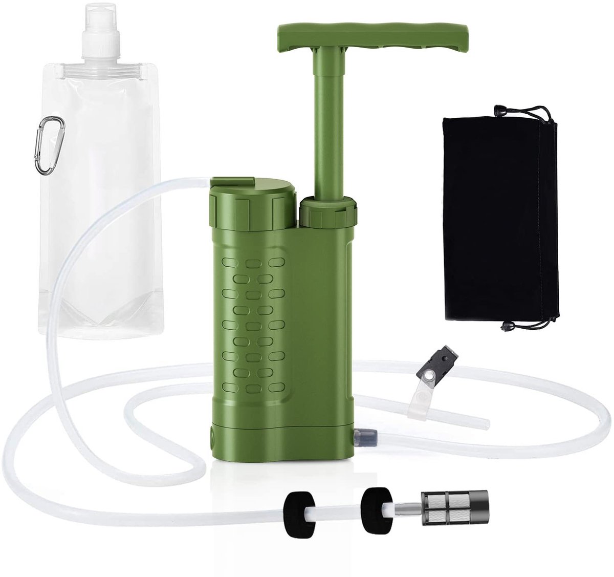 Waterfilterpomp - Waterzuiveringspomp - Waterfiltersysteem - Waterfilter - Overlevingsuitrusting - Noodpakket - 0,01 micron 5-traps waterfilter - Survival Kit - voor buiten - kamperen, wandelen, backpacken (Groente)