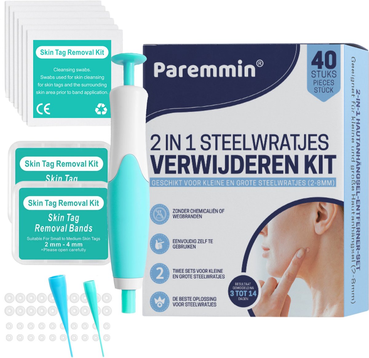 Goedkoopste Paremmin 2 in 1 Steelwratjes Verwijderen Kit - 40 stuks - Groot en Klein - 2-8mm - Skin Tags - Steelwratten Verwijderaar - Skin Tag Remover