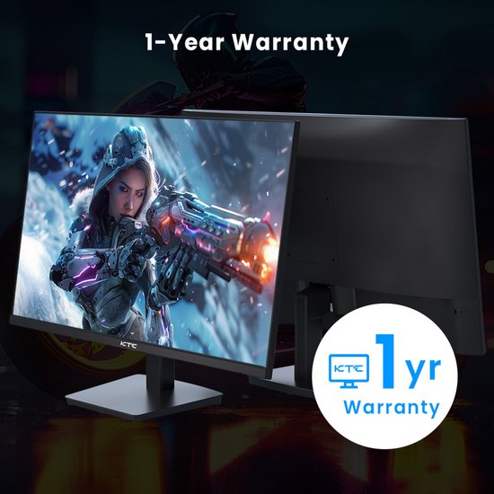 KTC gaming monitor met een opvallende afbeelding op het scherm. De tekst "1-Year Warranty" en een sticker met "1 yr Warranty" zijn zichtbaar.