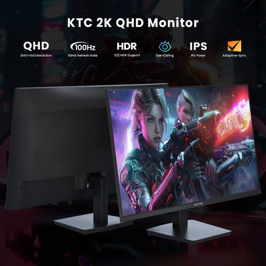 KTC 2K QHD monitor met specificaties: 100Hz, HDR, Eye-Caring, IPS, Adaptive-Sync.