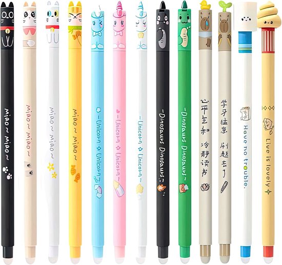 Ainy - Schattige Kawaii Uitwisbare Pen set 13 stuks | Zwarte Inkt | Unieke capybara unicorn & katten design uitgumbare pennen voor etui of pennenzak | ideale teken balpennen cadeauset voor kinderen & volwassenen