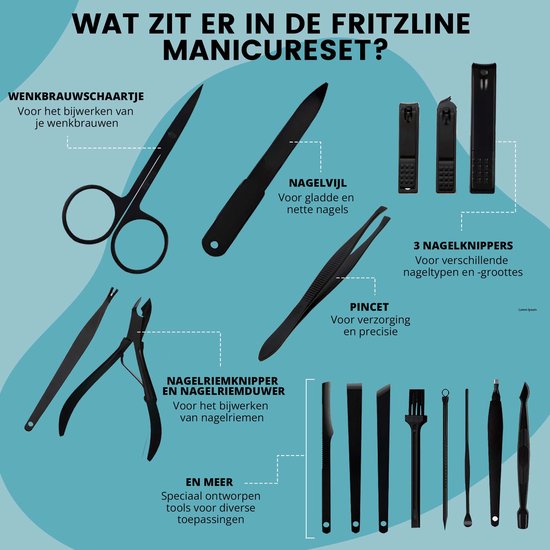 Fritzline Manicure Set 16-Delig - Nagelknipper - Leren Etui