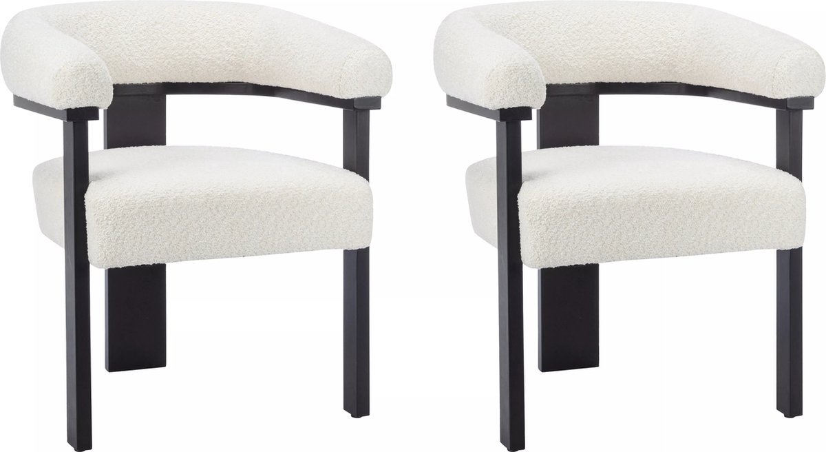 Vente-unique Set van 2 stoelen met armleuningen van boucléstof en heveahout - Wit en zwart - LIVELIA