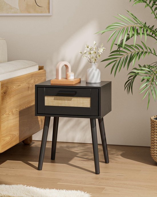 HEYZOEY Nachtkastje, kleine rotan bijzettafel met lade en eiken rek