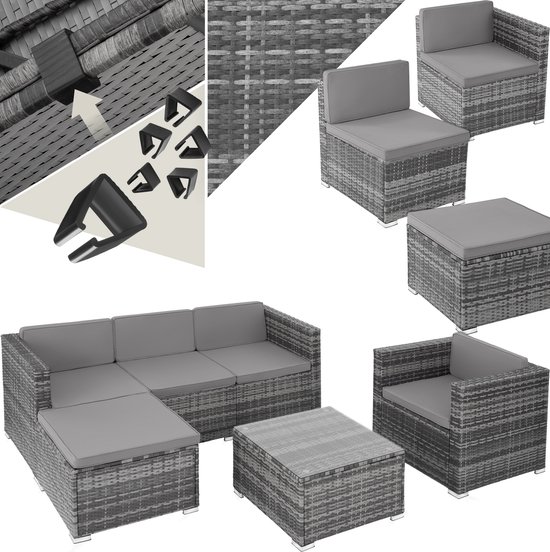 tectake® Wicker lounge - Tuinmeubelset voor buiten met bank, fauteuil, kruk en tafel - Variabel combineerbaar - Weerbestendig meubilair - Voor 4-5 personen - Balkonmeubilair - Tuinlounge - Terrasmeubilair - Grijs