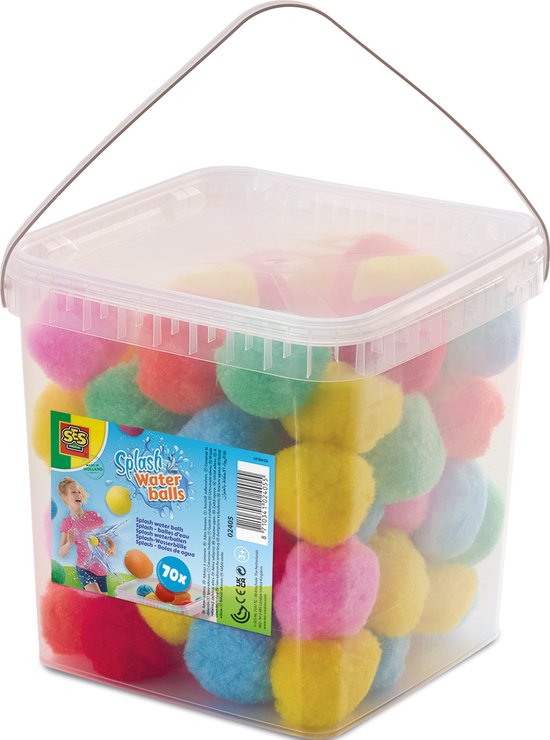 Seau transparent rempli de 70 boules d'eau réutilisables roses, bleues, jaunes, vertes et rouges.