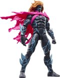 Actiefiguur met oranje haar, zwart masker en roze cape. Zwart pak met blauwe lijnen, staand.