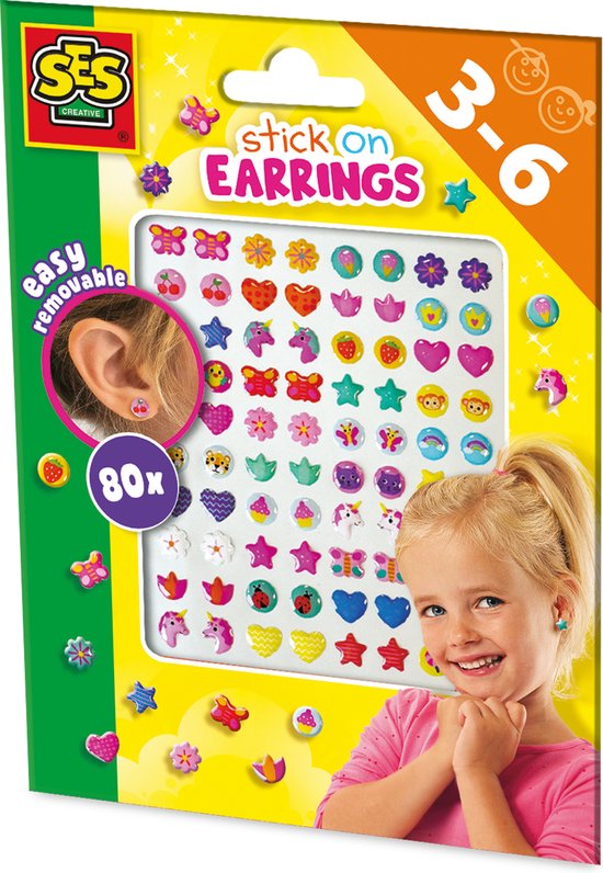 SES Creative - Boucles d'oreilles autocollantes - 80 boucles d'oreilles autocollantes avec des personnages joyeux - sûres et faciles à retirer - speelgoed pour 3 ans et plus