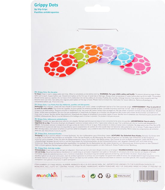 Munchkin Anti-slip badmat Stippen - Grippy Dots - White Hot™ Technologie - Geeft licht bij overhitting - Set van 6 badmatten - 9,5 cm per slipmat